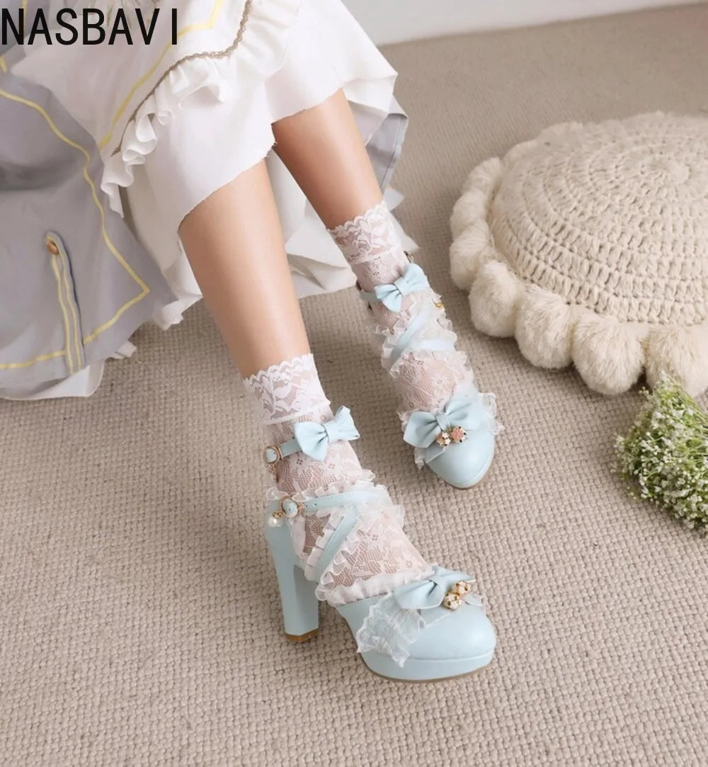 Girls Lace Strap Women 9cm High Heels Mary Jane Pumps Party Wedding Dress Princess Lolita Shoes Blue White Ankle Sandals 33-46