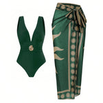 Vintage Green Deep V Neck One Piece Swimsuit 2025 Women Sexy Mesh Long Skirt Swimwear Set Beach Bathing Suit Holiday Monokini