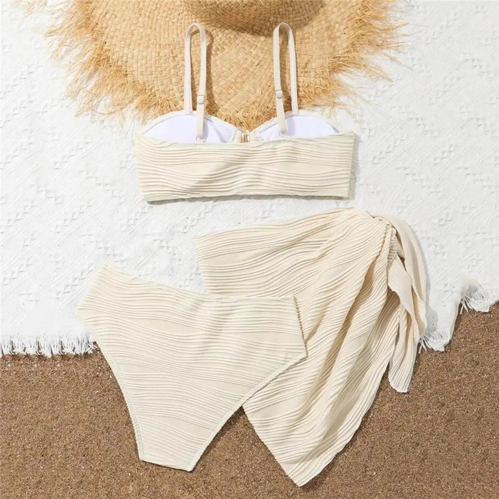 Beige Texture Solid Swimwears 3 Piece Bikini Set Cover Ups U Shapped Sexy Swimsuit Women 2026 Bathing Suit High Waist Bikinis