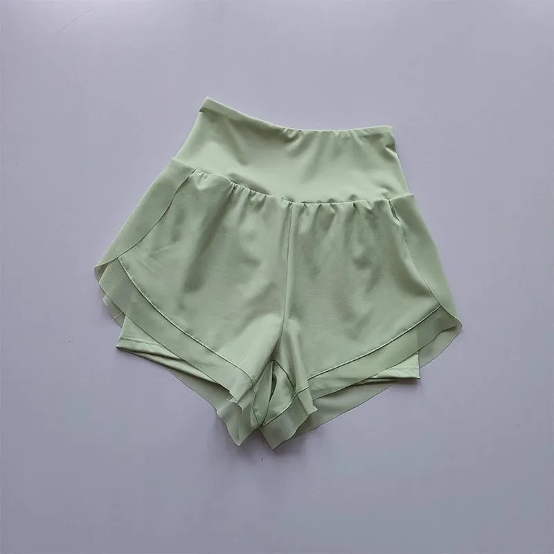 Women's yoga shorts, summer mesh fake two-piece quick drying anti glare fitness high waisted yoga pants