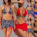 Summer Leopard Patchwork Women's 3 Pieces Suit Swimwear Sexy Halter Lace-up Micro Bikini Set+skirt Cover Up Reversible Beachwear