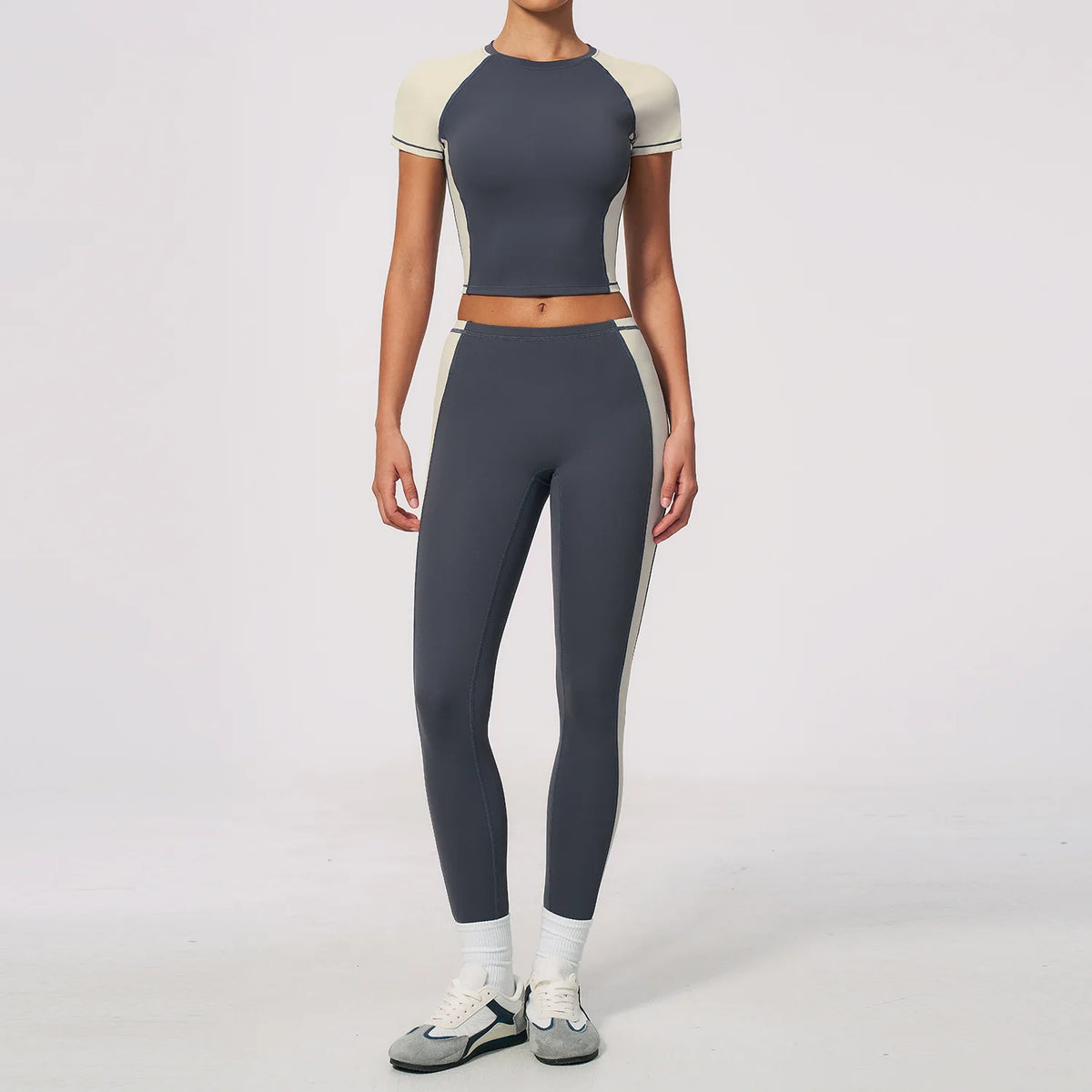 Nake Yoga Set Women's Tracksuit Color Contrast Short Sleeve Slim Sports T Shirts High Waist Leggings Fitness Clothes Gym Outfits