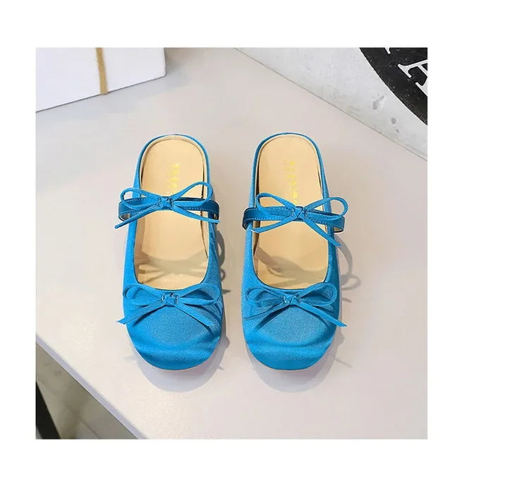 BIGTREE Satin Bow With One Strap With Shallow Mouth Half-Tugging Women's Hollow Inner Heightened Round-Head Sandals Comfortable