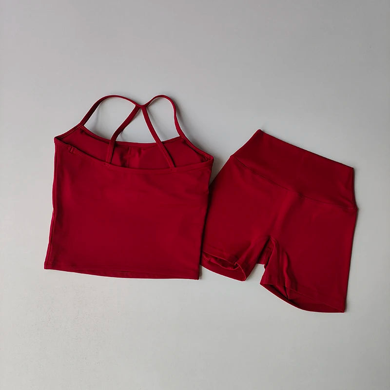 Women's Slim Shoulder Yoga Vest High Waisted Waist Hugging Naked Yoga Three Part Shorts Exercise Set Popular Fitness Clothing