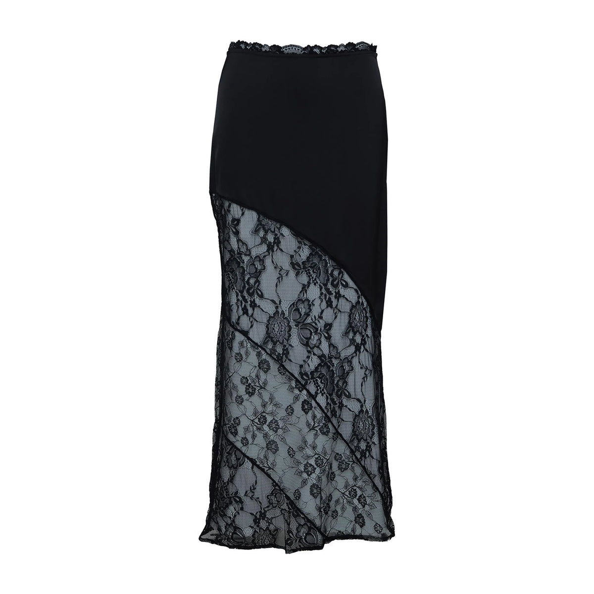Women's Summer Satin Lace Patchwork Long Skirts Mid Waist Solid Color Fashion Elegant Asymmetric Skirts