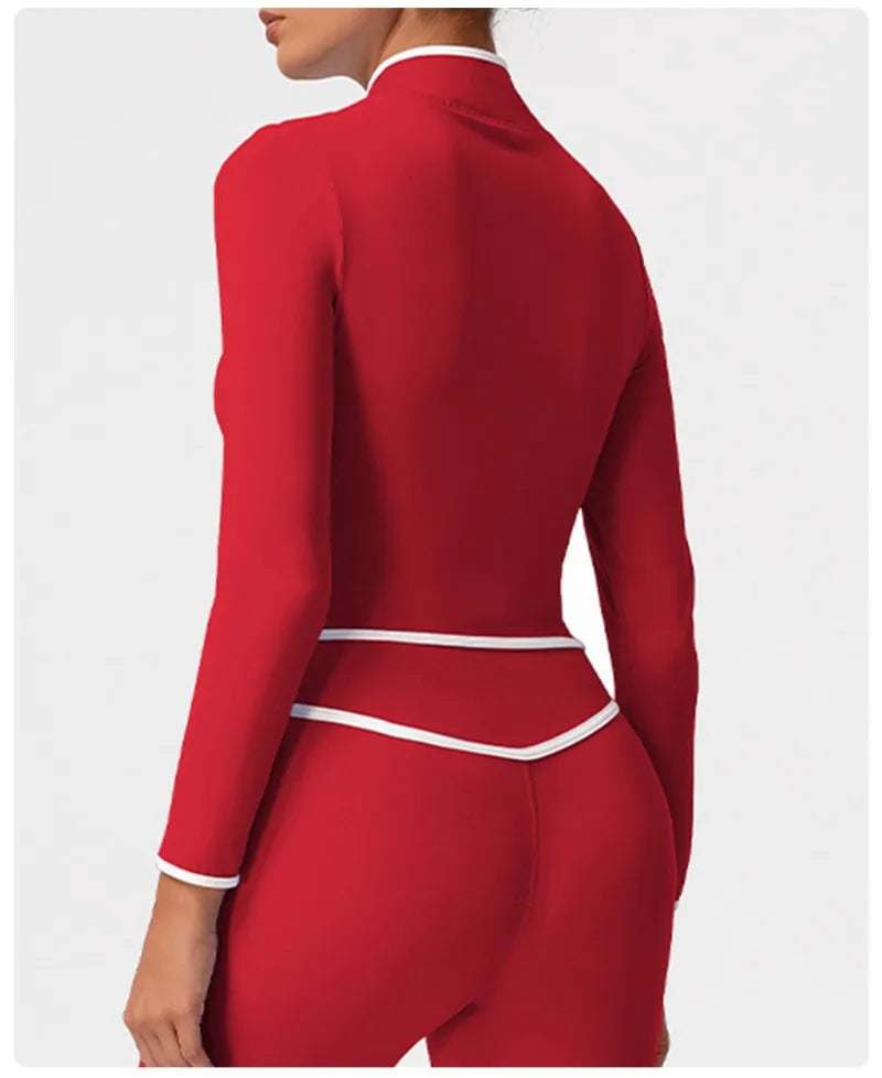 Women's Yoga Top Color-Block Zipper Stand Collar Bare Jacket Autumn Winter Outerwear Running Fitness Long Sleeve Coat