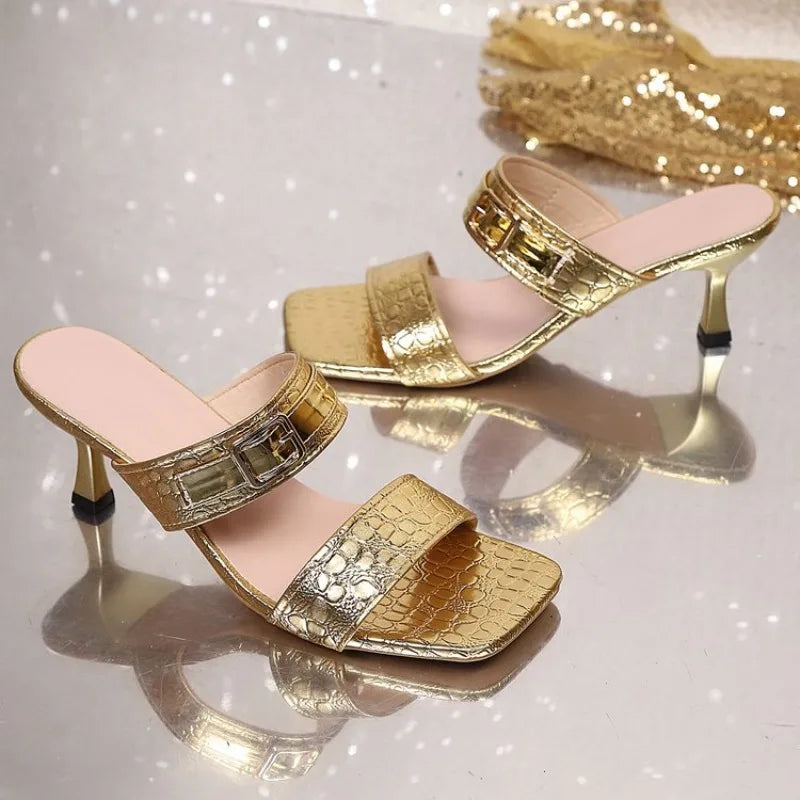 Luxury Gold Silver High Heels Slippers Women's 2025 Summer Slip on Thin Heeled Sandals Woman Plus Size 43 Square Toe Party Shoes