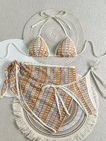 Sexy Colorful Striped Bikini Set Women Push Up Bra Thong Swimsuit 2026 Summer Bathing Suit Beach Mesh Cover Up 3 Piece Swimwear