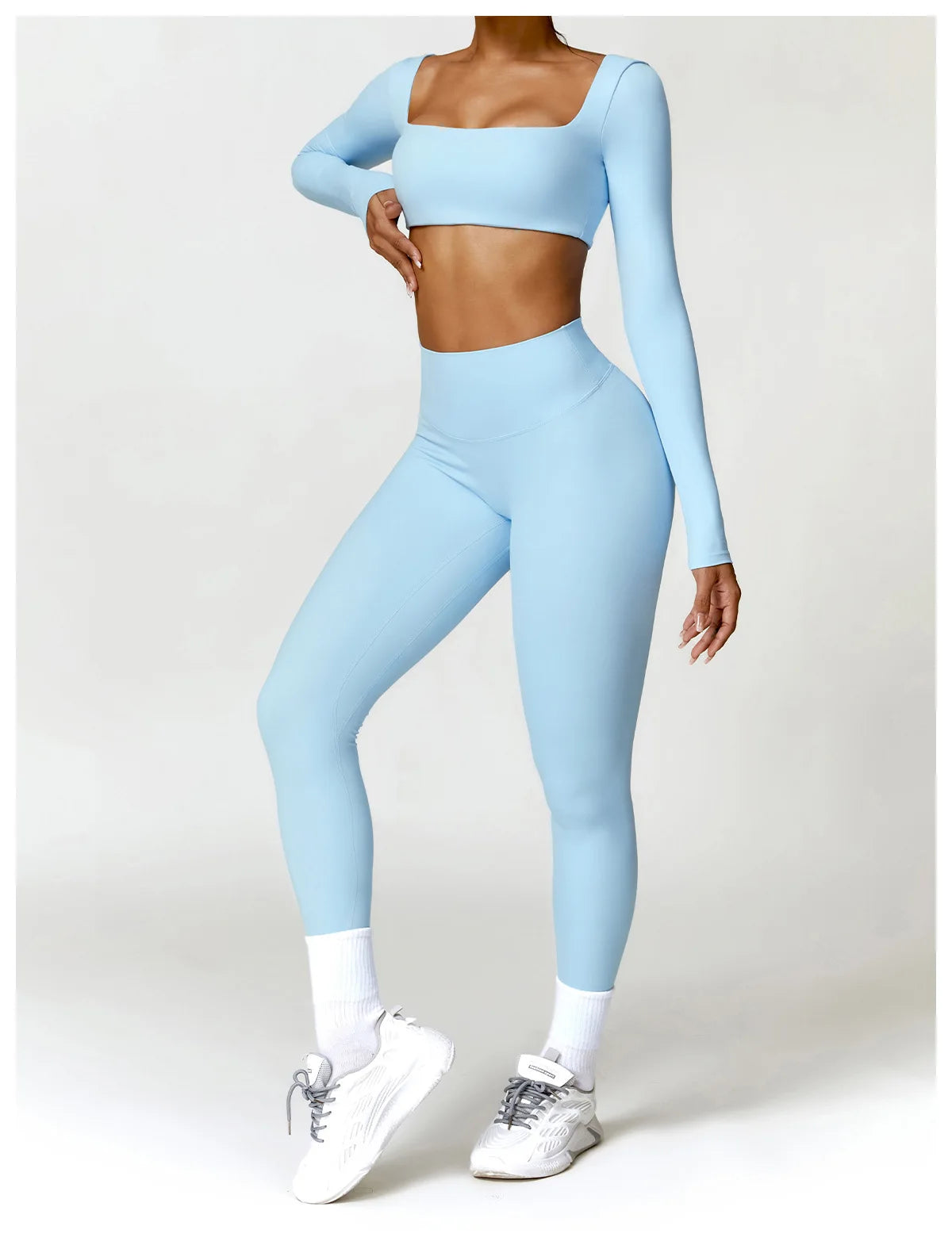 Hearuisavy Summer 2PCS Long Sleeve Gym Set Women Yoga Clothes Quick-Drying Sportswear Running Leggings Workout Sports Crop Top