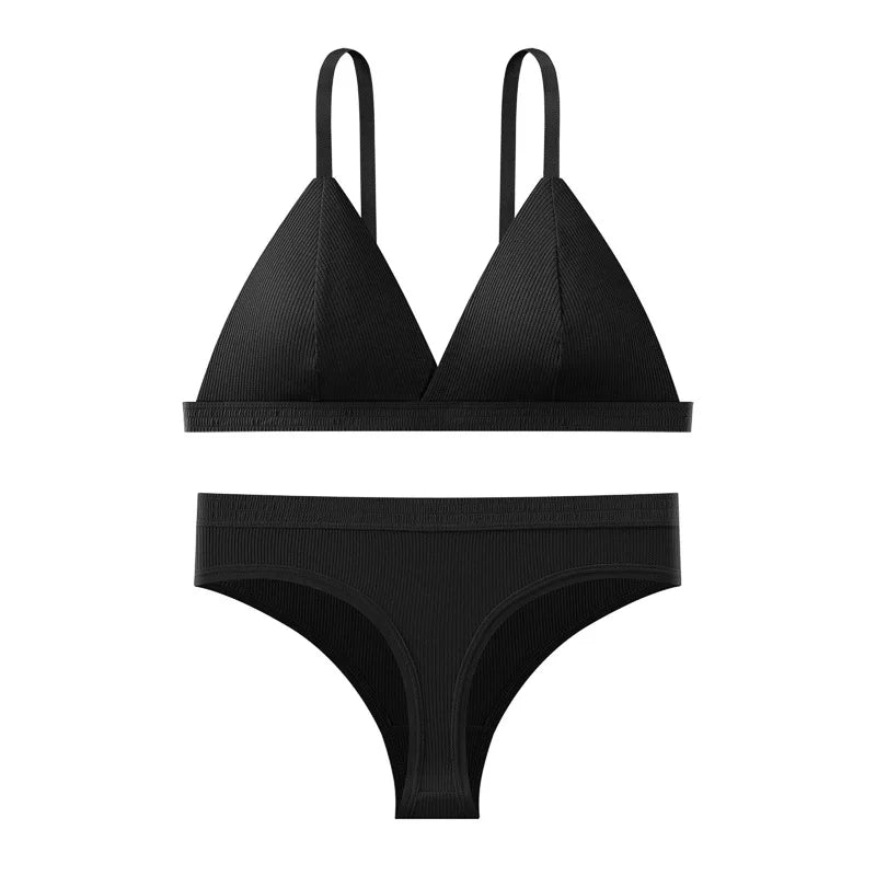 Women Cotton Bra and Panties Set Wireless Push-Up Bra Low-Waist Thongs G-string Sexy Lingerie Women's Breathable Underwear Set