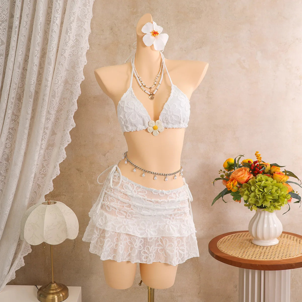 Vintage White Floral Embroidery Bikini Set 2026 Women 3D Flower Push Up Bra Pleate Skirt 3 Piece Swimsuit Bathing Suit Swimwear