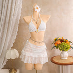 Vintage White Floral Embroidery Bikini Set 2026 Women 3D Flower Push Up Bra Pleate Skirt 3 Piece Swimsuit Bathing Suit Swimwear
