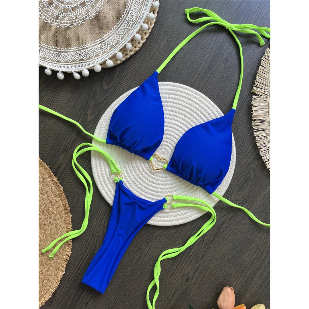 Splicing Halter Mini Thong High Cut Bikini Women Swimwear Female Swimsuit Two-Pieces Bikini Set Bather Bathing Suit Swim V6071