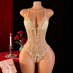 Crotchless Lingerie Lace Hollow Bra Set Sexy Tight Fitting Women Clothing,V-neck OpenBodysuit .Soft Padded Bra Underwear Set