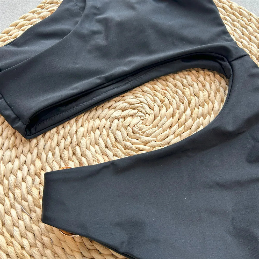 Dark Brown One Shoulder Solid Swimwears Sexy Swimsuit Women One Piece 2026 Hollow Out Monokini Metal Ring Bathing Suit Bodysuit