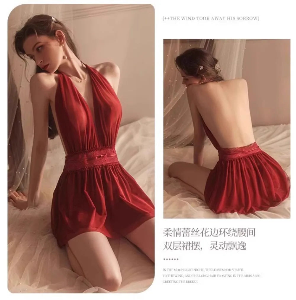 French Style Sexy Nightgown for Women Thin Strap Backless Lace Mesh Sleep Dress Summer French Style Hot Date Night Homewear