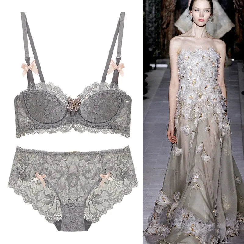 French Pure Desire Bralette AB Cup Wireless Lace Bra Set-Small Bust Push Up ComfortChubby Girl Bow Design Thin Fold Plus Size
