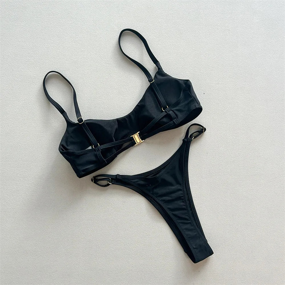 Sexy Solid Black Triangle Micro Bikini Thong Set Swimsuit Women 2026 Metal Ring Ladies Swimwear Bathing Suit Bikinis Mujer