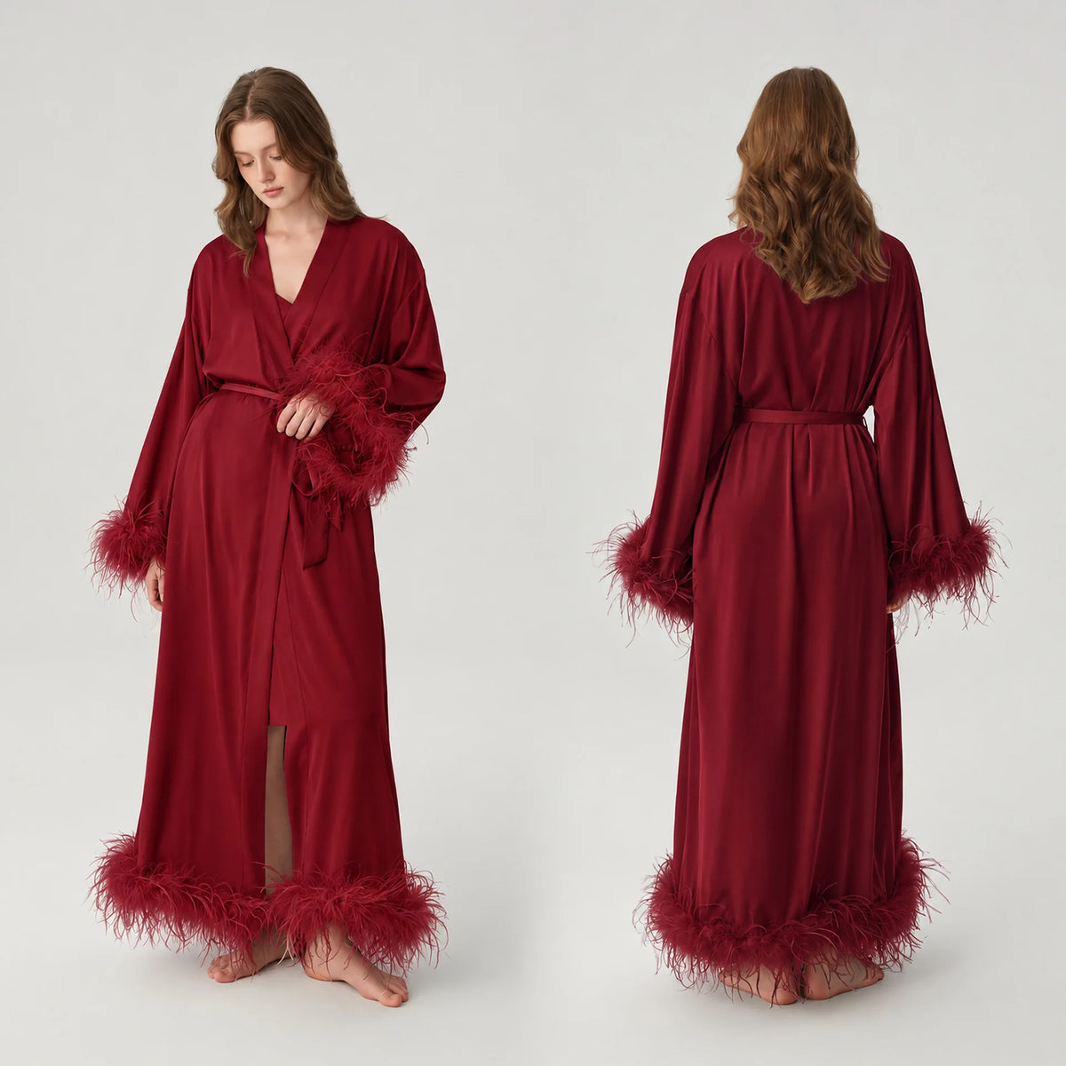 Satin Feather Trim Bridal Morning Gown for Women Long Sleeve Belted Maxi Robe Elegant Soft Home Bathrobe Sleepwear Loungewear