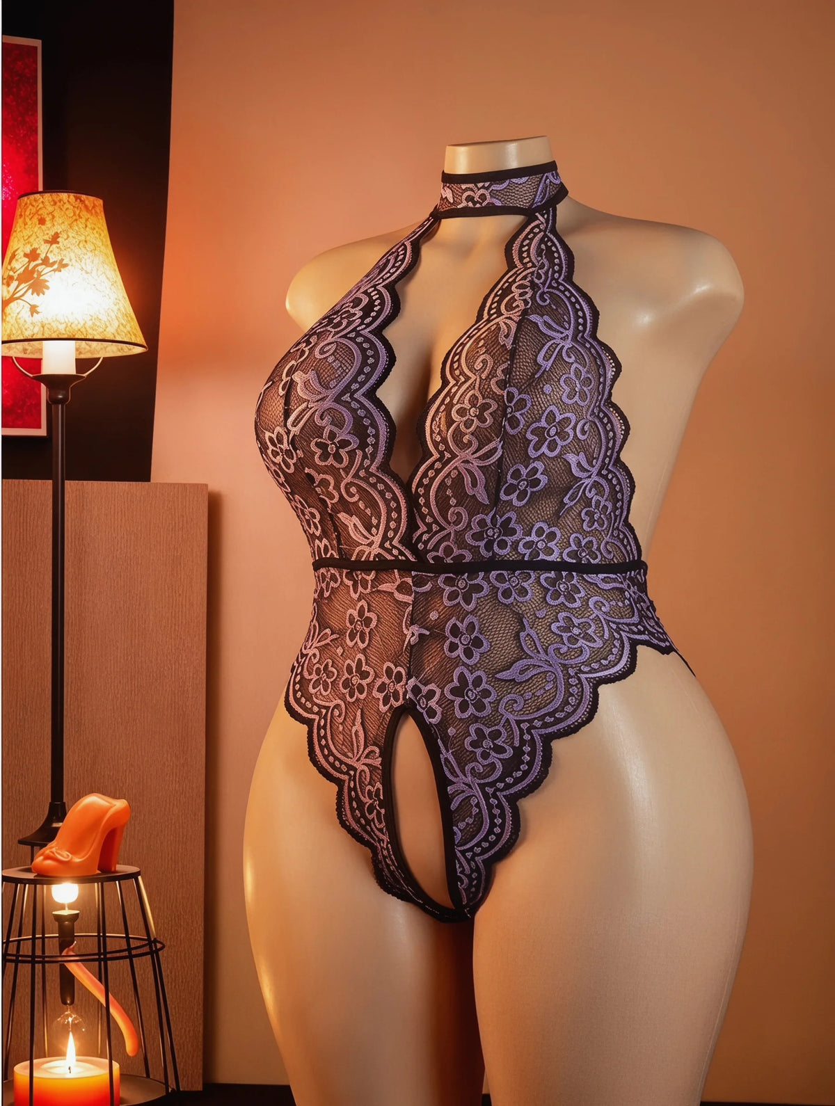 S-4XL Sexy Crotchless Halter Lingerie Women Lace Hollow Transparent Curvy Erotic Bodysuit Deep V Open Bra Underwear Set Babydoll