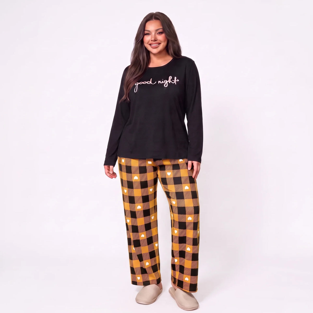 Women Plus Size Milk Silk Pajama Set Plaid Letter Print Long Sleeve Autumn Winter Ladies Casual Home Sleepwear