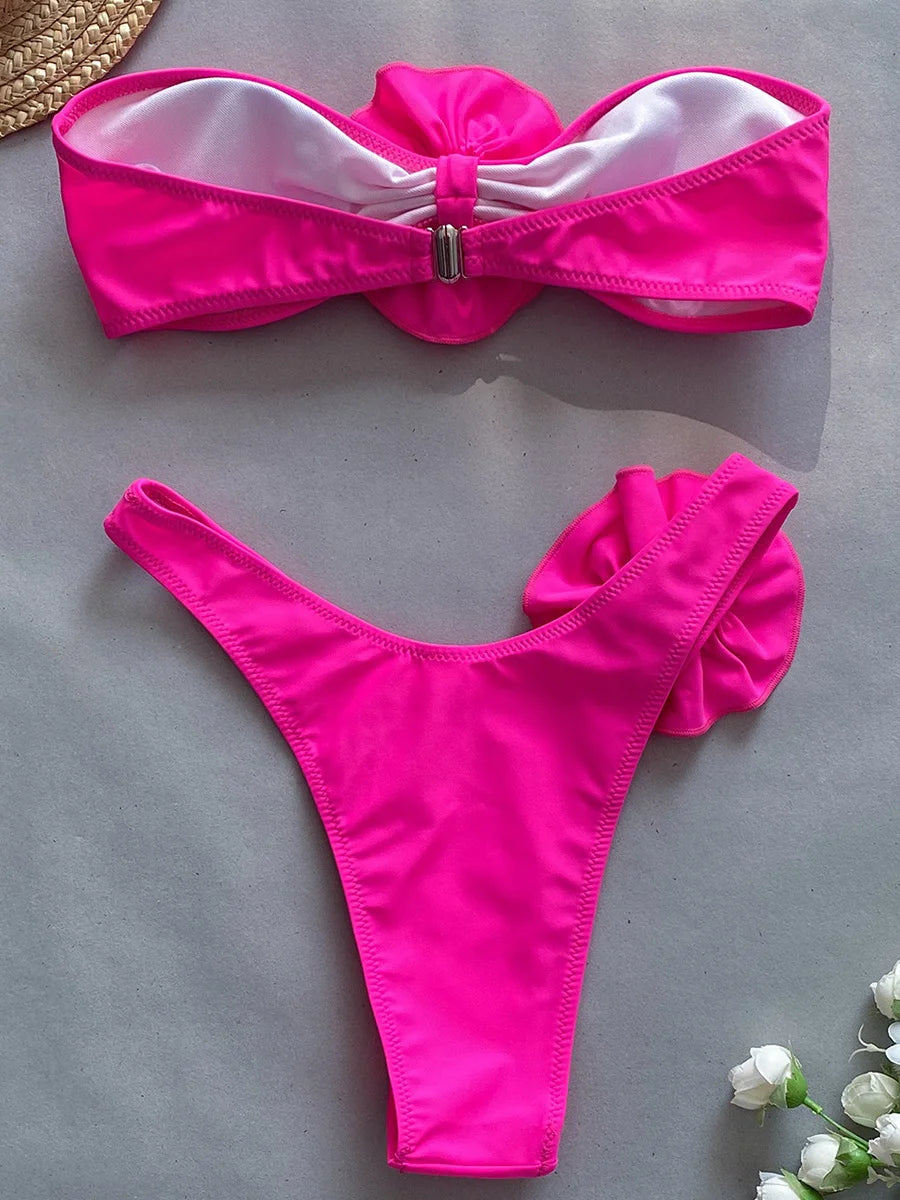 3D Flowers Brazilian Strapless Bandeau Bikini Female Swimsuit Women Swimwear Two-pieces Bikini Set High Cut Bathing Suit Swim