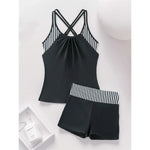 Women's Conservative 2 Piece Swimsuit Black Stripe Print Patchwork Tankini Bikini Set Suspender Cross Backless Bathing Suit 2025