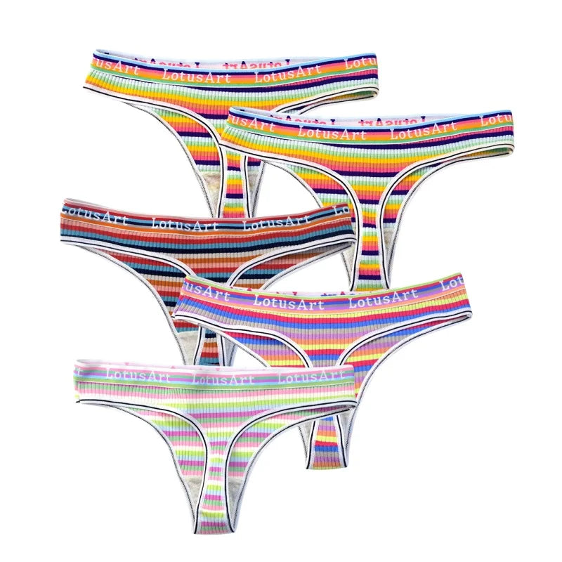 5Pcs/Set G-string Women Panties Female Low Waist Thongs Seamless Underwear Sexy Lingerie Rainbow Striped Cotton Underpants M-XL