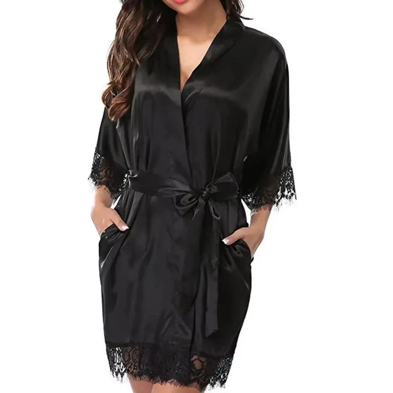 WomenElegant Lightweight Black Satin Robe with Delicate Lace Trim Perfect for Lounging Sleepwear or Bridesmaids