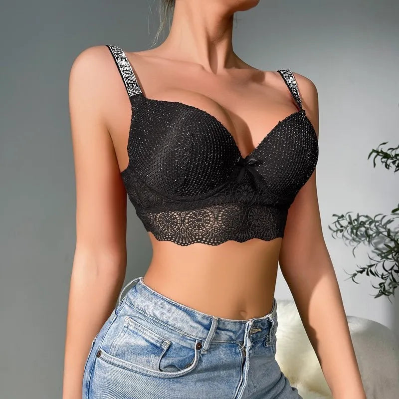 Beauwear Elegant Rhinestone Straps Scallop Trim Bra for women Contrast Lace Push Up Bras 80B 85B 90B 95B-137