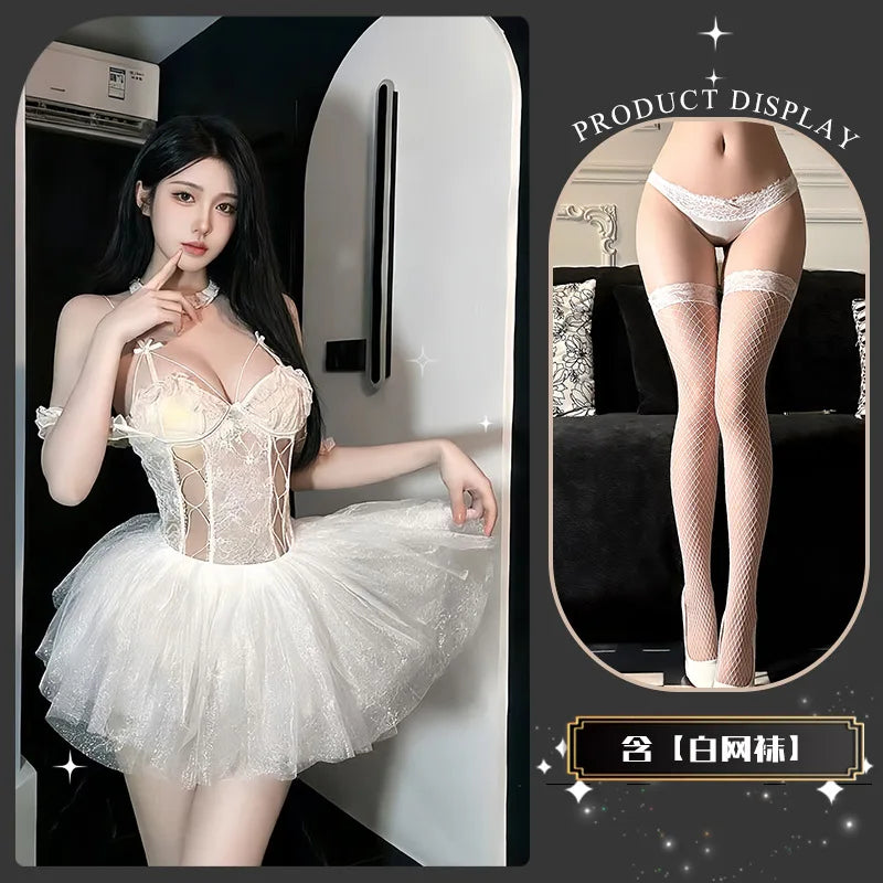 Sweet And Flirty Sexy Pure Desire Dress High-end Sensual And Alluring Erotic Solid Color Mesh Lace Trimmed Dress For Woman Z2YQ