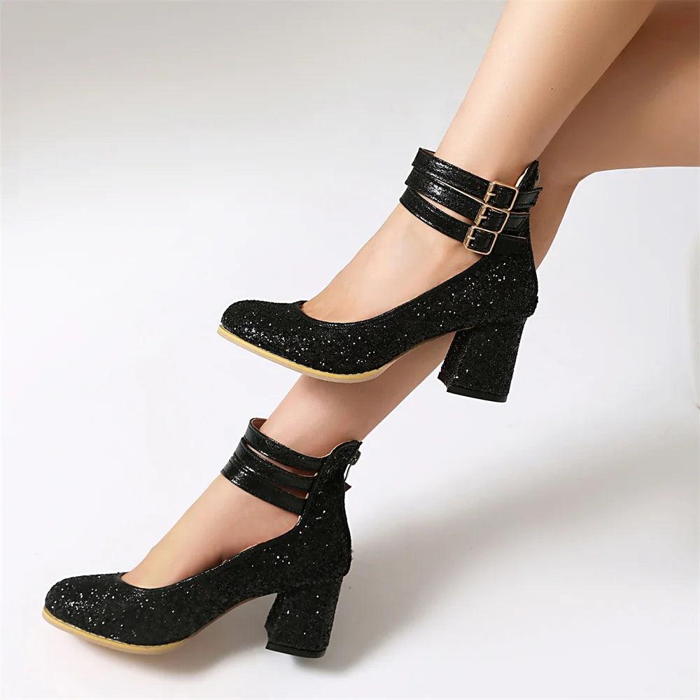 Big Size 48 Bling Sequined Silver Wedding Pumps Elegant Block High Heels Shoes Women Black Gold Glitter Ankle Strap Party Pumps