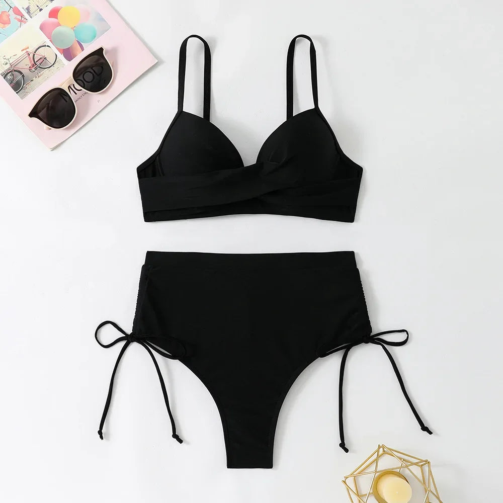 High Waist Bikini Set Sexy Push Up Swimsuit Women Black Beachwear Tummy Control Swimwear Drawstring Bathing Suit Bikinis 2026