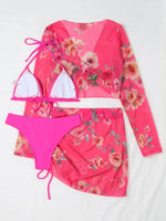 2026 Summer Women's 4 Pieces Suit Swimwear Neck Lace-up Bikini Set+crop Top+skirts Floral Print Gauze Swimsuit Beachwear Biquini
