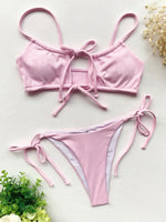 sexy solid ribbed bow tie bikinis sets two pieces hollow thong swimsuit bathing suit swimwear biquini bakini tankini