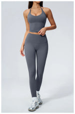 Women Tracksuit 2PCS Seamless Yoga Sets Hanging V Neck Slim Sports Tank Top Fitness Outfits Gym Running High Waist Leggings Suit