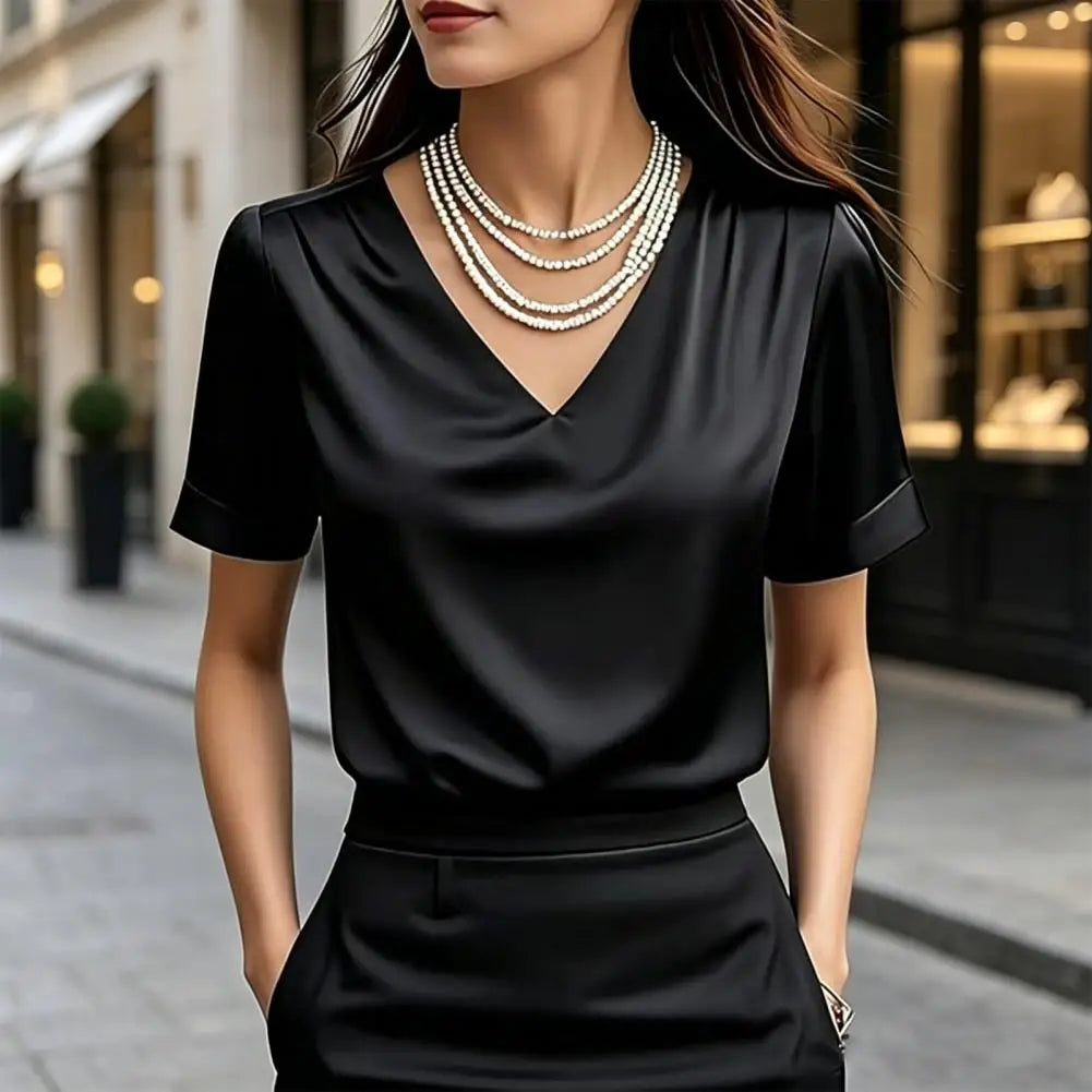 Women T-shirt Solid Color Loose Fit Smooth Satin V-Neck Short Sleeve Tops Ladies Summer Casual Tee Shirt Daily Wear