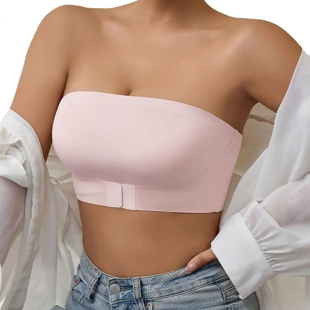 Women Strapless Bra Casual Front Closure Bra Non-Slip Wireless Bandeau Bra Lady Seamless Padded Tube Top Bralette Lady Underwear