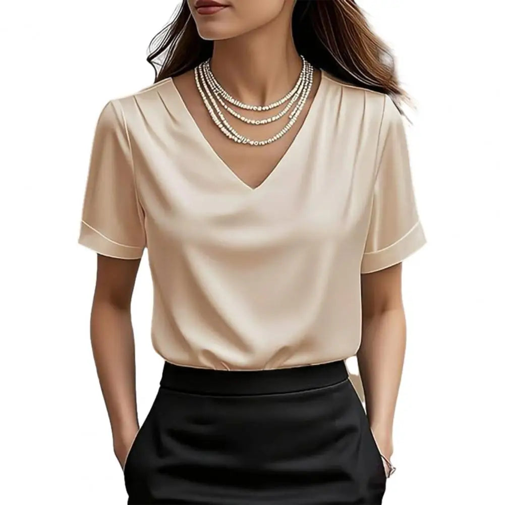 Women T-shirt Solid Color Loose Fit Smooth Satin V-Neck Short Sleeve Tops Ladies Summer Casual Tee Shirt Daily Wear