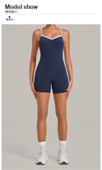 New Tight One-piece Yoga Suit Women Color Contrast Splicing Hollow Back Cross Sports Jumpsuit Outwear Slimming Fitness Bodysuits
