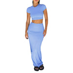 Women’s Two Piece Summer Outfits Solid Color Short Sleeve Solid Color Crop Tops and Long Skirt Set