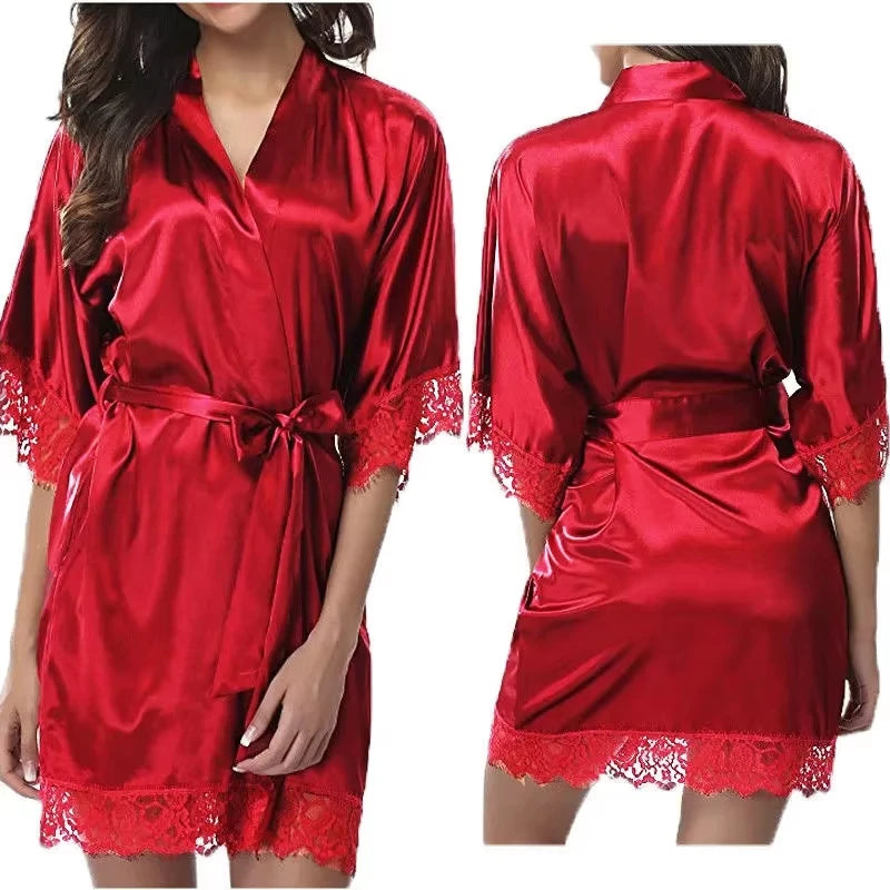 WomenElegant Lightweight Black Satin Robe with Delicate Lace Trim Perfect for Lounging Sleepwear or Bridesmaids