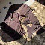 Summer 4 Piece Bikini Set 2025 Women Sexy Black Long Sleeve Cover Up and Skirt Swimsuit Beach Bathing Suit Holiday Swimwear