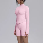 Women's Seamless Yoga Sets Sports Fitness Gym Zipper Long-Sleeve Jacket Hip Lift High-Waist Shorts Suits Workout Training Sets