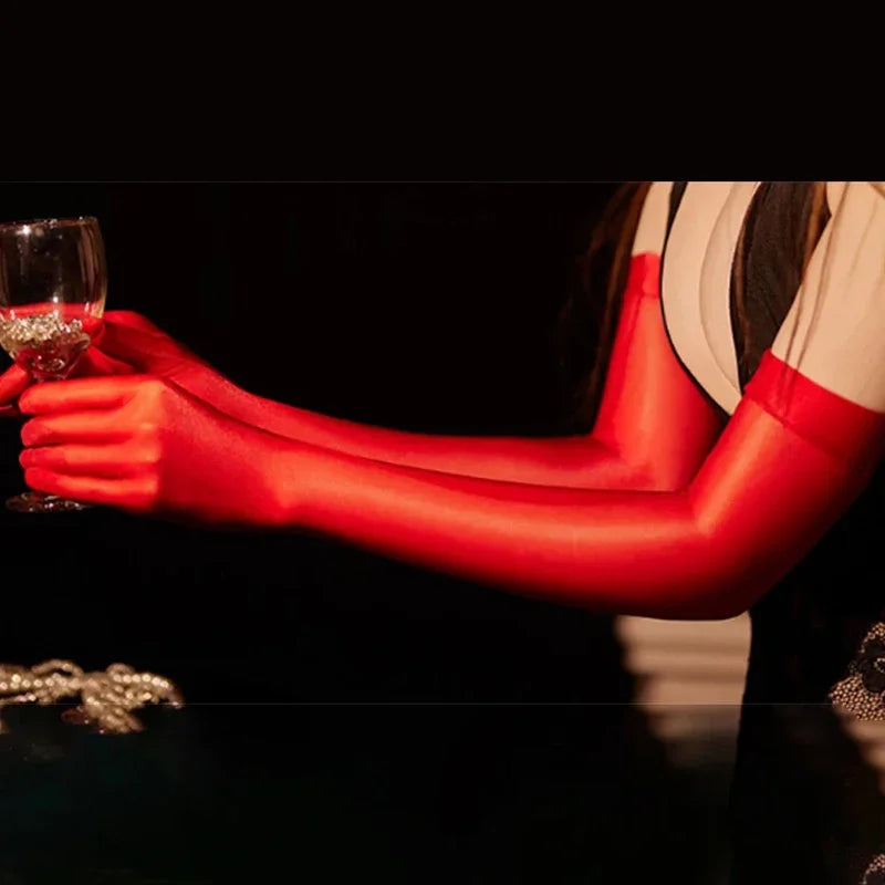 Ultrathin Sunscreen Driving Gloves Sexy Lace Oil Shiny Gloves for Women See Through Elastic Gloves Luxury Candy Color