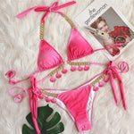 9 Colors New Sexy Bikini Women Rhinestone Shell Pendant Halter Gradient Swimwear Swimsuit Female Beach Bikinis Set Bathing Suit