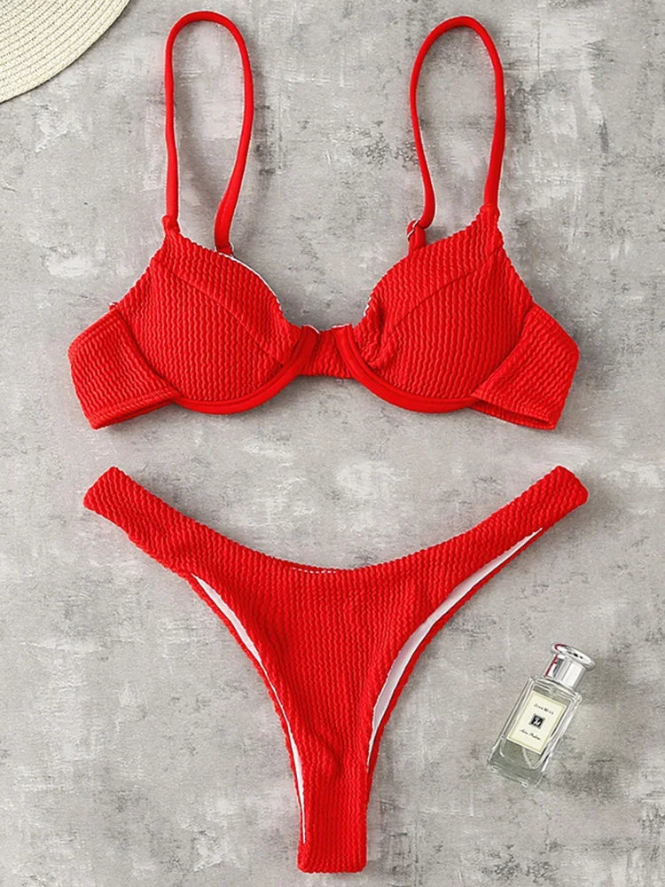 Wrinkled Underwired V-Bar Bikini Swimsuit Female Swimwear Women Two-pieces Bikini set High Cut Bather Bathing Suit Swim Lady