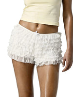 Womens Solid Color Lace Mesh Shorts Tiered Ruffled Bow Elastic Waistband Summer Leisure Lounge Short Pants