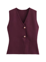 Foridol Gold Button Knitted Tank Top Women Autumn Winter Burgundy Short Vest Sleeveless V Neck Chic New Fashion Tops