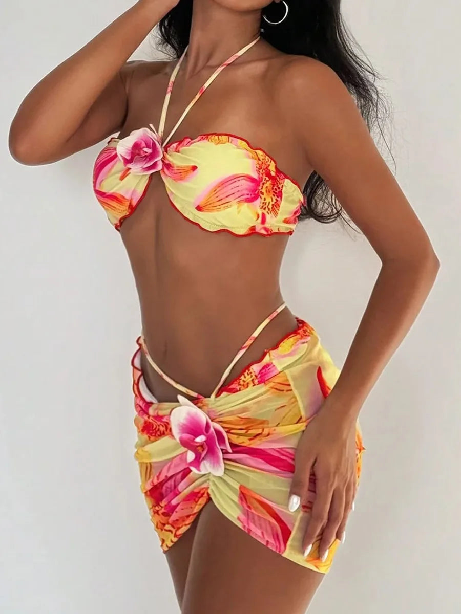 3D Flowers with Mesh Skirt Halter Bandeau Bikini Women Swimsuit Female Swimwear Three-pieces Bikini Set Bathing Suit Beachwear